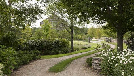 Small Farm Landscaping, Landscaping On Acreage, Rural Garden Design, Farm Driveway Ideas, Gentle Slope Landscaping, Path From Driveway To Front Door, Lined Driveway Landscaping, Old Farmhouse Landscaping, Modern Country Landscaping