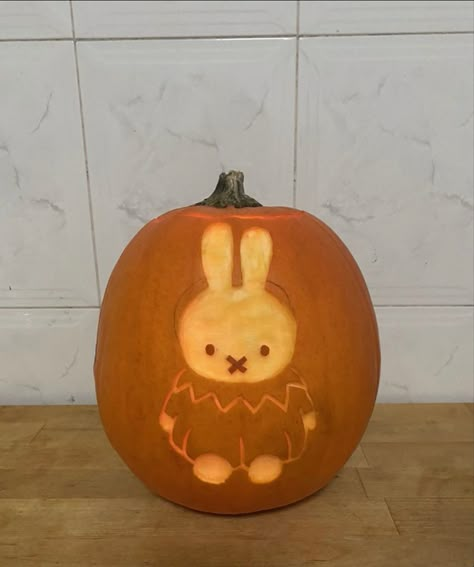 Miffy Pumpkin Carving, Miffy Pumpkin, Pumpkin Inspo, Cute Pumpkin Carving, Pumkin Carving, Halloween Pumpkin Carving Stencils, Halloween Pumpkin Designs, Gilmore Girl, Carved Pumpkin