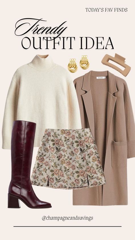 A burgundy boots outfit for fall that screams chic style for a women's autumn outfit idea. Love this mini skirt outfit idea for fall paired with these trendy women's shoes, an oversized sweater, long coat and chic accessories. Follow for more women’s fashion and outfit ideas! Burgundy Mini Skirt Outfit, Burgundy Boots Outfit Winter, Fall Vineyard Outfits, Burgundy Skirt Outfit, Burgundy Boots Outfit, Ankle Boots Outfit Winter, Vineyard Outfit, Sweater Skirt Outfit, Skirt Outfit Fall