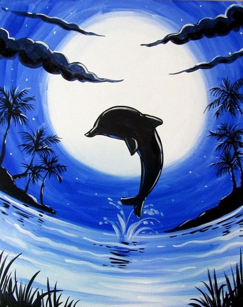 Dolphin Art, Paint Nite, Canvas Painting Diy, Ocean Painting, Performance Artist, Night Painting, Beautiful Nature Wallpaper, Painting Art Projects, Beach Art