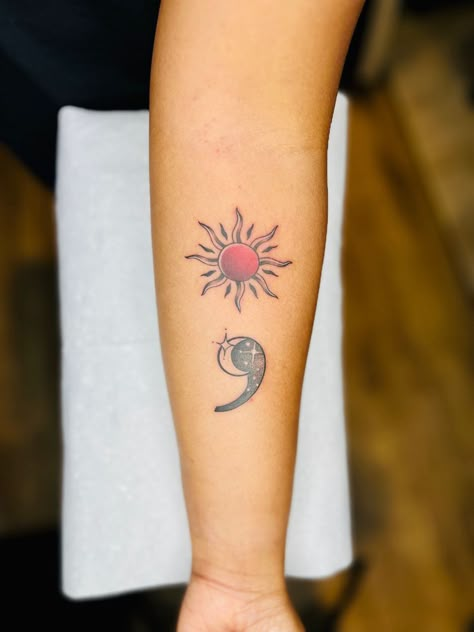 Phoenix Semi-colon Tattoo, Semi-colon Tattoo Sun Moon, The Giver Tattoo, Semi-colon Tattoo Sun And Moon, Sun Moon Semi Colon, Semi-colon Phoenix Tattoo, Moon Semi-colon Tattoo Ideas, Moon Semi Colon, Floral Semi-colon Tattoo Ideas