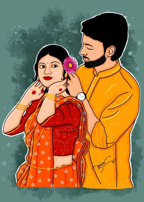 Digital illustration By Suchayana (Don't copy or steal) Bengali Couple Illustration Drawing, Bengali Couple, Marriage Video, Kali Picture, Bottle Art Projects, Fabric Paint Shirt, Hindi Calligraphy, Stencils Online, Bengali Art