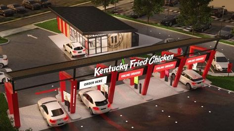 KFC will open its first ever drive-through only store to speed-up the service of fried chicken and to cater to the rapidly growing food delivery industry through companies such as Deliveroo and Menulog. Kfc Restaurant, Outdoor Eating Area, Quick Service Restaurant, Food Drive, Outdoor Eating, Branding Ideas, Drive Thru, Drive Through, Outdoor Restaurant