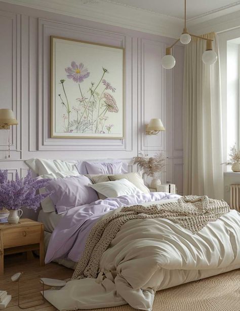 Color Theory Bedroom, Light Colors Bedroom, Lilac Purple Bedroom Ideas, Bedroom Lilac Walls, Light Lilac Paint Color, Lilac And Green Room, Bedroom Ideas Light Colors, Lilac And Blue Bedroom, Pale Purple Bedroom