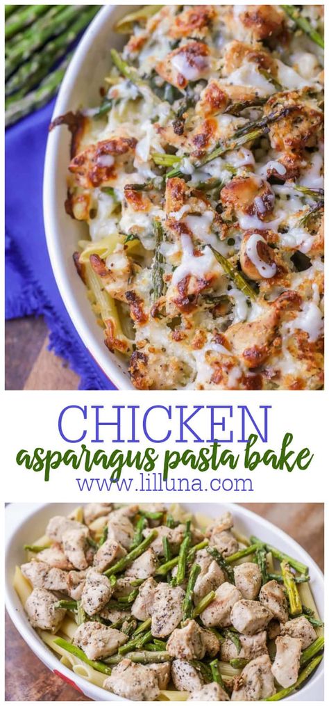 Deliciously Cheesy Chicken asparagus pasta bake a favorite dish topped with panko and baked to crispy perfection!!#cheesychickenasparaguspasta #chickenasparaguspasta #cheesychickenpasta #chickenpasta #asparaguspasta Pasta And Asparagus Recipes, Chicken And Asparagus Recipes, Chicken Asparagus Casserole, Chicken Asparagus Recipe, Chicken And Asparagus Pasta, Chicken Asparagus Bake, Chicken Asparagus Pasta, Asparagus Pasta Recipes, Dinner List