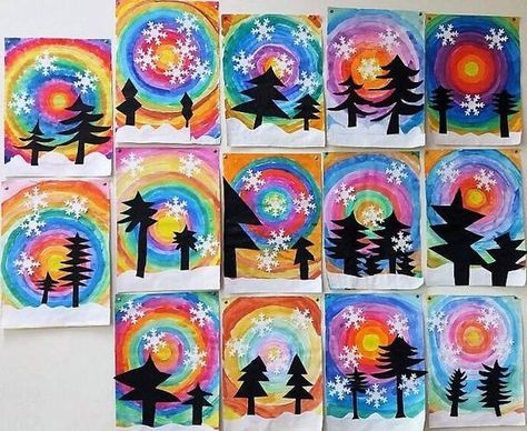 Grundschule Bliesen - Winterlandschaft Christmas Art For Kids, Winter Art Lesson, Christmas Art Projects, Winter Art Projects, 3rd Grade Art, Elementary Art Projects, Winter Crafts For Kids, Kindergarten Art, Art Lessons Elementary