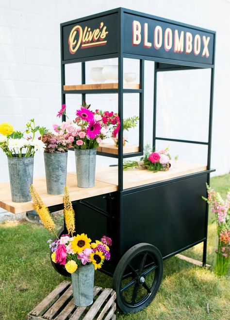 Mobile Flower Cart | Olive's Bloombox Diy Vendor Cart, Mobile Flower Cart, Florist Studio, Craft Market Display, Flower Shop Design, Cut Flower Farm, Cardboard Box Crafts, Flower Truck, Garden Cart