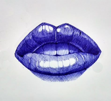 Pen Lips Drawing, Drawing With Blue Pen, Blue Pen Sketch Simple, Bic Pen Drawing, Blue Pen Drawing, Ball Pen Sketch, Drawing Facial Features, Easy Realistic Drawings, Ballpen Drawing