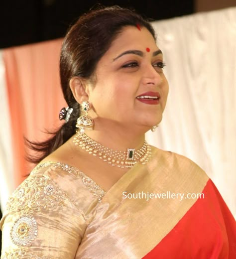 Khushbu Sundar in pearl choker and diamond jhumkas photo Light Weight Pearl Necklace, Simple Gold Choker Necklace Designs, Simple Choker Designs, Choker Jewellery, Gold Chokers, Light Weight Gold Choker Set, Pearl Choker Necklace Design, Chokers Gold, Choker Necklace Designs