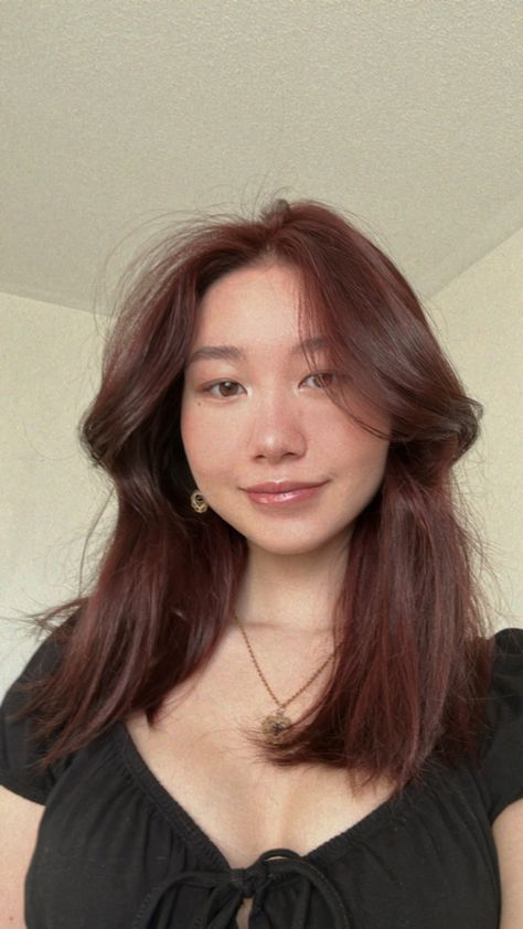 Ginger Hair On Asian Women, Reddish Brown Hair Asian, Short Cherry Brown Hair, Dark Red Hair With Curtain Bangs, Arden Rose Hair, Short Brown Red Hair, Hair For Tan Skin Tone, Subtle Hair Dye, Red Hair With Curtain Bangs