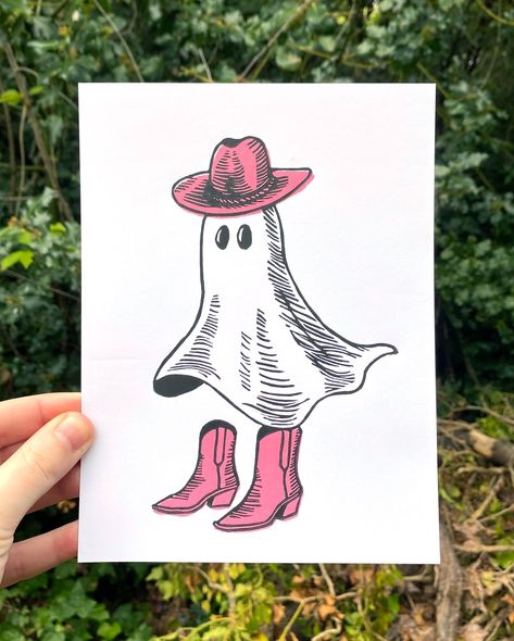 Ghost In A Cowboy Hat, Ghost With Cowboy Boots, Ghost Wall Art, Ghost Linocut, Halloween Linocut, Bestie Apartment, Ghost With Cowboy Hat, Cowboy Boots Illustration, Cowboy Boots Art