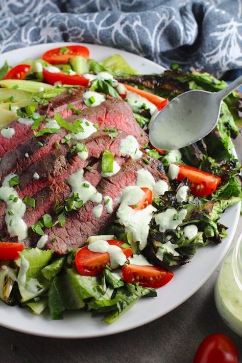 Recipe With Basil, Flank Steak Salad, Steak Salad Recipe, Caramelized Onions And Mushrooms, Grilled Steak Salad, Easy Spring Recipes, Busy Mom Recipes, Grilled Romaine, Delicious Family Dinners