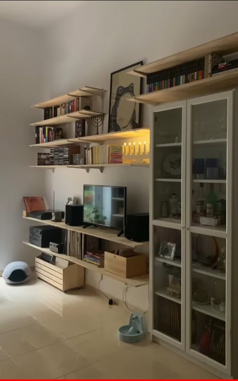 Leather Sofa Living, Plywood Wall, Tv Shelf, Ikea Billy, Tv Wall Unit, Kitchen Shelves, Wall Unit, Apartment Design, Tv Wall