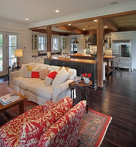 Open Concept Kitchen Living Room, Open Floor Plan Kitchen, Living Room And Kitchen Design, Open Kitchen And Living Room, Farmhouse Style Furniture, Farmhouse Style Living Room, Contemporary Living Room Design, Bathroom Walls, Open Concept Living Room