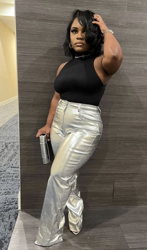 Chrome Top Outfit, Black And Silver Outfits Black Women, Silver Chrome Outfit Black Women, Metallic Handbags Outfit, Metallic Silver Outfit Black Women, Black White And Silver Outfits, Silver Top Outfit Black Women, Metallic Top Outfit Black Women, Plus Size Silver Outfit