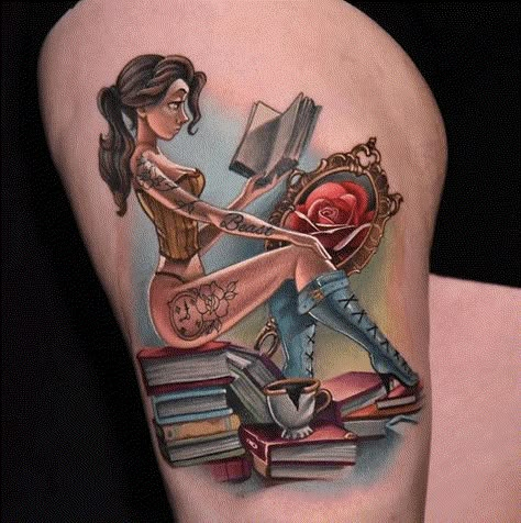 75+ Best Tattoos of 2018 - Tattoo Ideas, Artists and Models Tatuaje Cover Up, Belle Tattoo, Mirror Tattoos, Beauty And The Beast Tattoo, Pin Up Girl Tattoo, Bookish Tattoos, Girl Back Tattoos, Theme Tattoo, Pin Up Tattoos