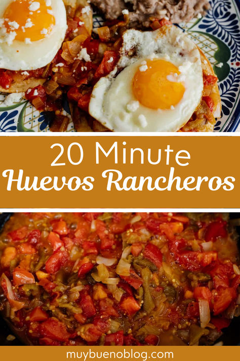 Huevos Rancheros is a 20 minute recipe is full of flavor, easy to make, and full of rich authentic flavors.  blend of sauted veggies, warm tortillas, all topped with an over easy egg, homemade sauce, and great for breakfast, brunch or even dinner. Rancho Huevos Eggs, Huevos Rancheros Recipe Authentic, Authentic Mexican Breakfast Burritos, Authentic Mexican Breakfast Ideas, Huevos Rancheros Sauce, Huevos Rancheros Recipe Easy, Authentic Huevos Rancheros, Latina Kitchen, Latina Recipes