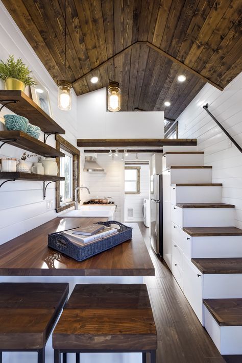 Living Room Tiny House, Mezzanine Stairs, Wood Floors Living Room, Laundry Interior, Dark Wood Floors Living Room, Log Cabin Interior Design, Tiny House Storage Ideas, Pitch Roof, Tiny House Company