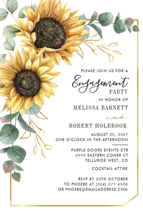 Sunflower Bridal Shower, Bridal Sunflowers, Eucalyptus Wedding Invitation, Sunflower Wedding Invitations, Budget Wedding Invitations, Simple Typography, Invitation Flyer, Botanical Wedding Invitations, Bridal Shower Food