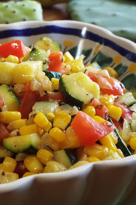 With squash, corn, tomatoes, and a little Mexican oregano, this savory side dish is both fresh-tasting and easy to make. Beans Squash And Corn, Corn And Squash Recipe, Mexican Squash And Corn, Zucchini Corn Tomato Recipes, Zucchini Corn Recipes, Mexican Squash Recipes, Canned Squash, Mexican Squash, Fresh Corn Recipes