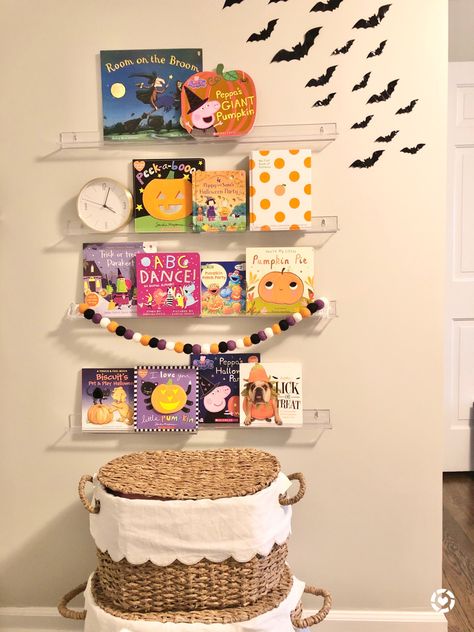 Nursery Halloween Decor, Fall Nursery Decor, Acrylic Book Shelves, Books Nursery, Halloween Nursery, Girl Playroom, Playroom Shelves, Acrylic Shelves, Room On The Broom