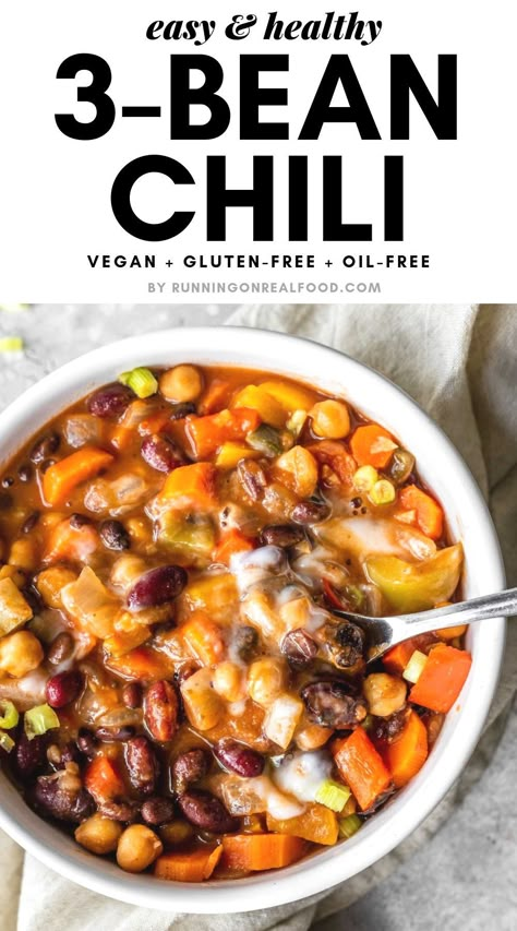 3 Bean Recipes, Crockpot Bean Chili, Chickpea Chili Vegan, Vegetarian Chili Beans, Canned Beans Recipe Ideas, Bean Chili Vegetarian, Chili Without Tomatoes, 3 Bean Vegetarian Chili, Vegan Chilli Beans Recipe