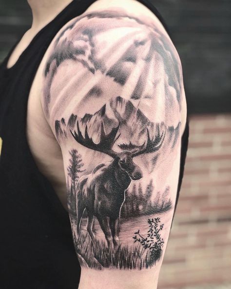 Rocky Mountain Tattoo on Instagram: “Moose in wilderness by @tattoosbylee  Lee’s books are now open for Our kelowna branch for 2020 if you would like to book with lee please…” Moose Sleeve Tattoo, Moose Forest Tattoo, Moose Tattoo Men, Moose Tattoo For Women, Moose Skull Tattoo, Moose Tattoos, Rocky Mountain Tattoo, Lego Tattoo, Wilderness Tattoo