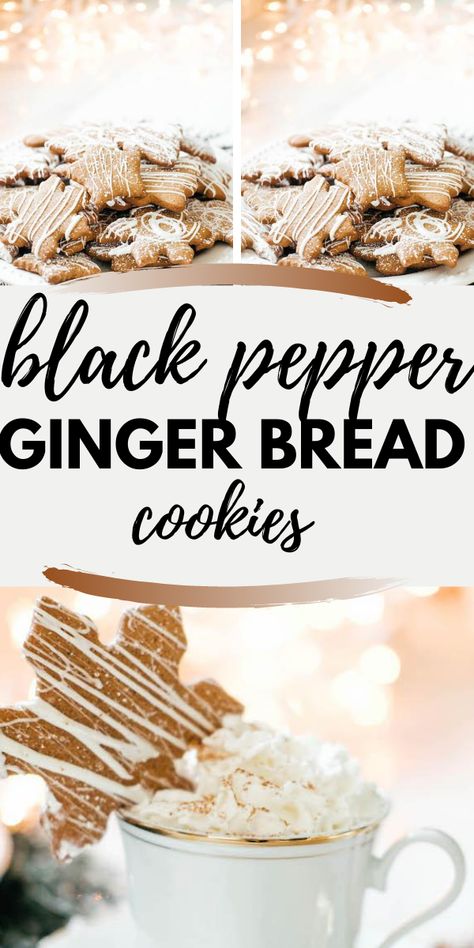 SPICY black pepper gingerbread cookies with a white chocolate drizzle is a take on my childhood favorite ginger cookie. Black Pepper Cookies, Black Pepper Cookies Recipe, Spicy Gingerbread Cookies, Pepper Cookies Recipe, Ginger Man Cookies, Gingerbread Desserts, Gingerbread Treats, Pepper Cookies, Gingerbread Dessert