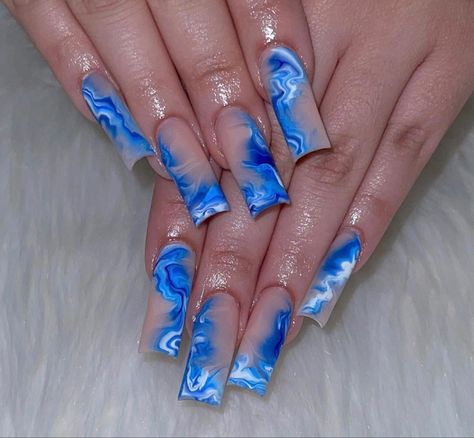 Blue Water Nails Acrylic, Marble Full Set Nails, Blue Nail Designs Ombre, Blue Acrylic Nail Designs Ideas, Long Acrylic Nails Square Blue, Medium Square Acrylic Nails Designs Blue, Creative Blue Nails, Blue And White Acrylic Nails Design, Blue Square Nails Design