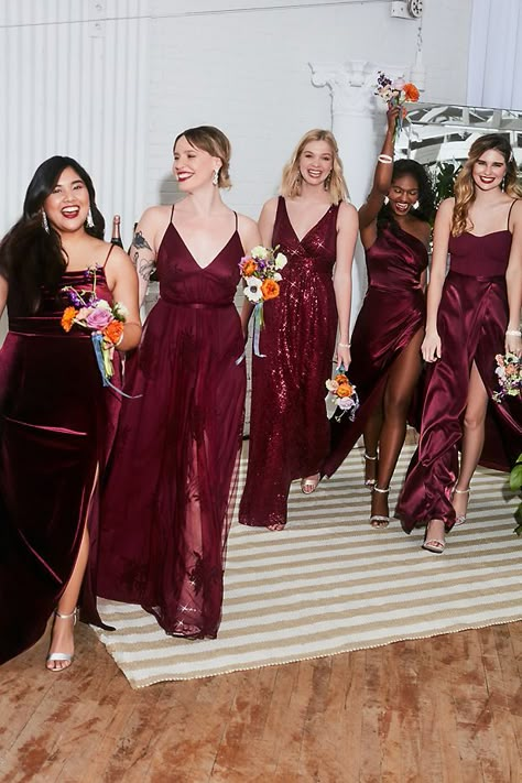 Charmeuse Draped One-Shoulder Bridesmaid Dress | David's Bridal Rainbow Bridesmaid Dresses, Deep Red Bridesmaid Dresses, Wine Color Bridesmaid Dress, Maroon Bridesmaid, Wine Bridesmaid Dresses, Mix Match Bridesmaids, Maroon Bridesmaid Dresses, Winter Bridesmaid Dresses, Fall Bridesmaid Dresses