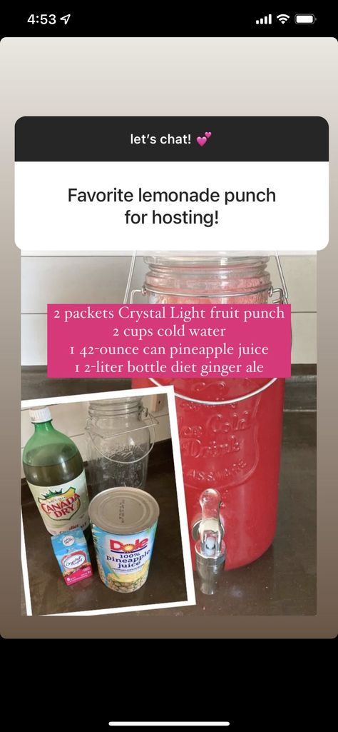 Light Drink Recipes, Crystal Light Drinks, Lemonade Punch, Pineapple Drinks, Punch Drinks, Canned Pineapple, Punch Recipes, Fruit Punch, Crystal Light