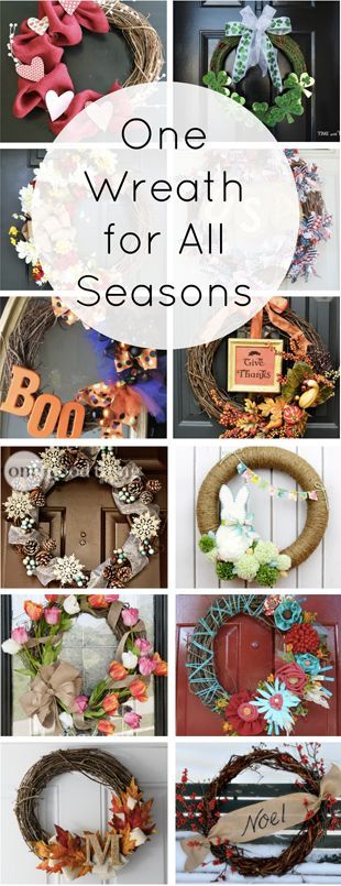 A decorative wreath on the front door is a fun way to celebrate the different seasons and holidays throughout the year, but it can get expensive and time-consuming to have a separate wreath for each occasion. (Not to mention the storage issue!) We’ve created an easy and inexpensive way for you keep it fun and fresh all year long! Wreath For All Seasons, Front Door Wreaths, Door Wreaths Diy, Wreaths Diy, Diy Spring, Seasonal Wreaths, Different Seasons, Wreath Crafts, Crafty Craft