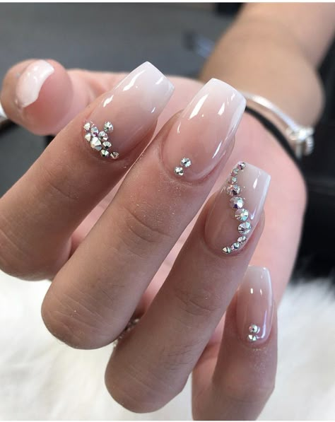 Gem On Nails Simple, Ombré Bride Nails, Wedding Nails With Stones, Wedding Nails For Bride Diamonds, Short Ombre Nails With Rhinestones, Rhinestone Nail Art Simple, Stone On Nails Design, Nail Stone Design Rhinestones Simple, Nail Designs Diamonds Rhinestones