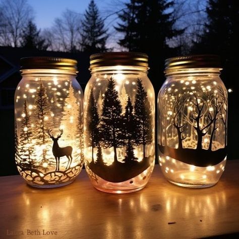 Dishfunctional Designs: DIY Painted Luminary Jars For The Holidays Christmas Glass Bottles Diy Projects, Light Up Mason Jars Diy, Winter Luminaries Diy, Mason Jar Luminaries Diy Christmas, Craft With Glass Jars, Jar Crafts With Lights, Mason Jar Crafts For Christmas Fairy Lights, Glass Jar Diy Decor, How To Paint A Glass Jar