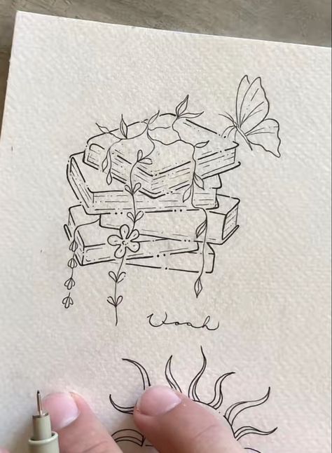 Symbols Of Overcoming Hardship, Tattoo Ideas Female Cartoon, Book Hip Tattoo, Book And Quill Tattoo, Tattoo Design Drawings Thigh, Book Tattoo Acotar, Divine Rivals Tattoo, Bookstack Tattoo, Infernal Devices Tattoo