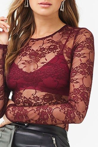 Forever 21 Sheer Lace Bodysuit , Wine 12.99 USD Lace Bodysuit Outfit, Bodysuit Outfit, Build A Wardrobe, Body Suit Outfits, Cute Blouses, Forever21 Tops, Lace Bodysuit, Funnel Neck, Instagram Shop