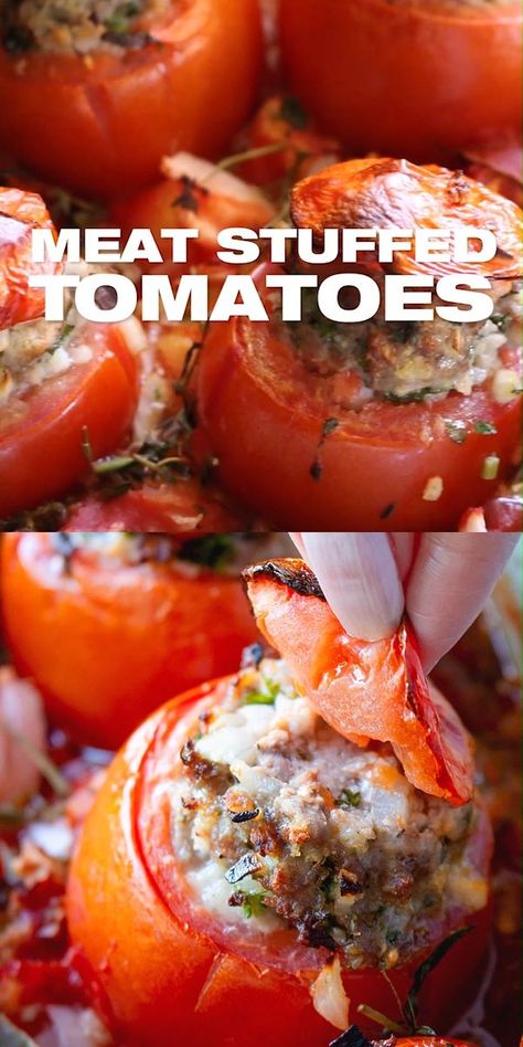 Tomato Recipes Videos, Meat Stuffed Tomatoes, French Stuffed Tomatoes, Dinner Ideas French, Stuff Tomatoes Recipes, Tomato Recipes Dinner, Stuffed Tomatoes Recipes, Tomato Recipes Healthy, Stuffed Meat