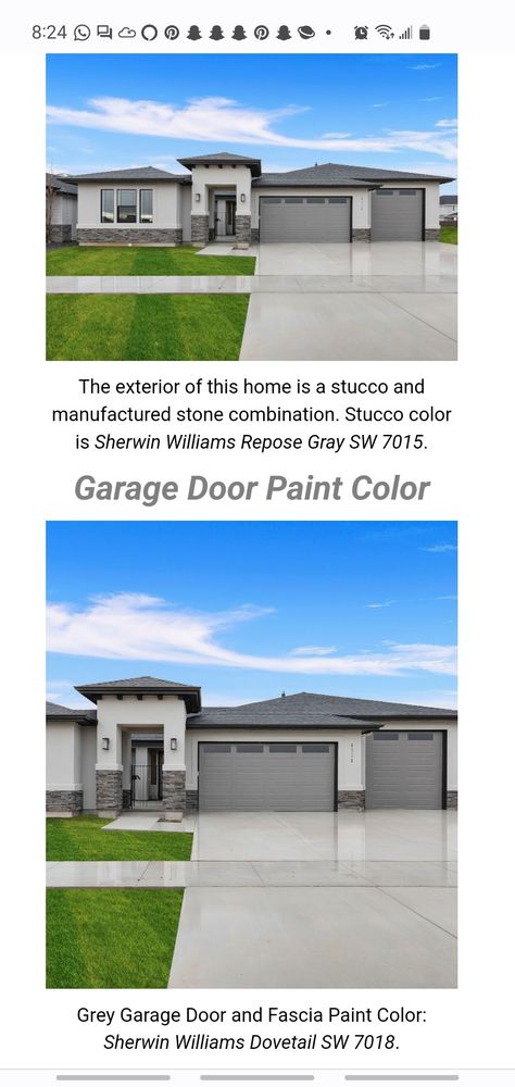 Repose Gray Stucco Exterior, Repose Gray Exterior House, Repose Gray Exterior, Gray Stucco Exterior, Grey Garage Doors, Garage Door Paint, Repose Gray Sherwin Williams, Stucco Colors, Gray House Exterior