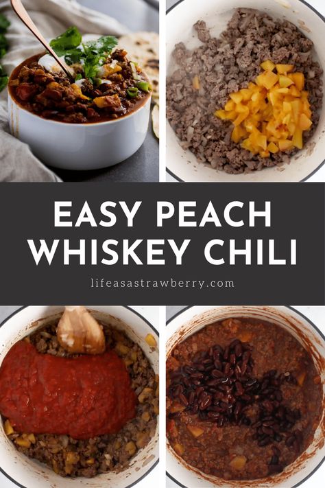 Peach Whiskey Chili - This easy homemade beef chili recipe is a perfect twist on a classic! Fresh peaches and a splash of whiskey or bourbon lend incredible flavor to this dish. Swap chicken or turkey for the beef, or use extra beans instead of meat for a delicious vegetarian version! Top with sour cream, cilantro, and your favorite chili toppings for a bowl of cold weather comfort food. Classic Chili Recipe, Peach Whiskey, Cold Weather Comfort Food, Beef Chili Recipe, Chili Toppings, Chili Cook Off, Best Soup Recipes, Fresh Peaches, Beef Chili