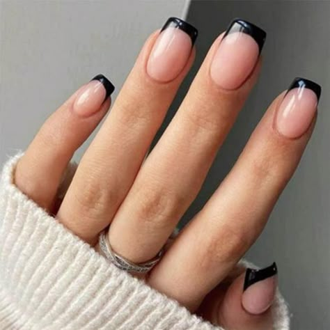 Slant Nail Design, Nails Formal Events Black Tie, Black Nails Gel Design, Brown Nails Black Tips, Nails With Black Dress Classy, Pink Base And Black French Tip Nails, Square Black Tip Nails, Acrylic Overlay Nails Short French Tip, Halloween Nails Ballerina Shape