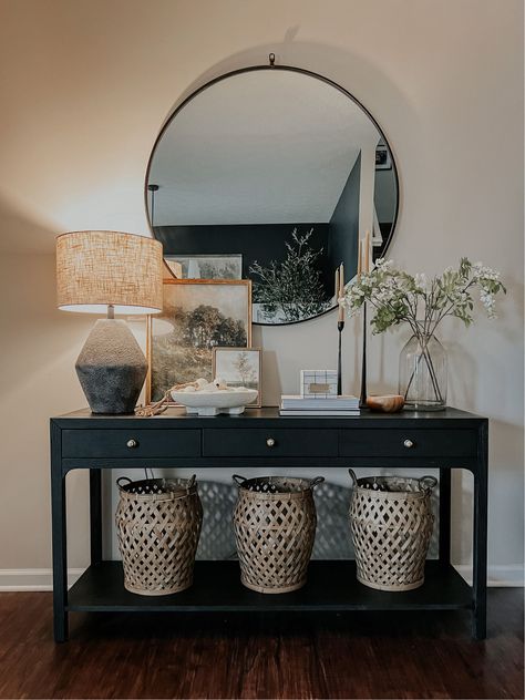 Allen Console curated on LTK Entry Table Vase, Black Console Decor Ideas, Console Table Key Bowl, Counsel Table Decor Inspiration, Lamp On Entry Table, Console Table With Picture Frames, Black Console Table Decorating, Entryway Table Decor Black, Black Entryway Table Decor