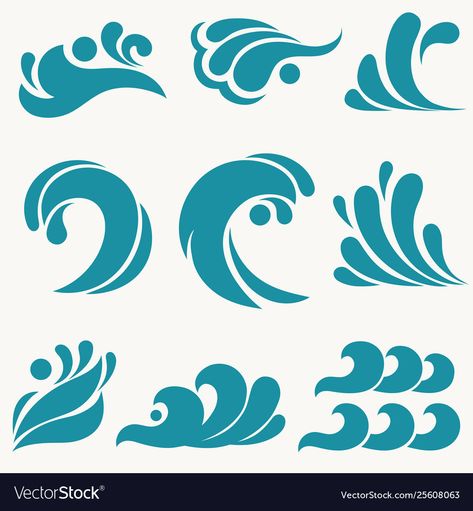 Ocean Elements Illustration, Sea Elements Illustration, Wave Shape Design, Wave Vector Illustration, Ocean Design Ideas, Art Symbols Design, Sea Waves Illustration, Ocean Symbols, River Symbol