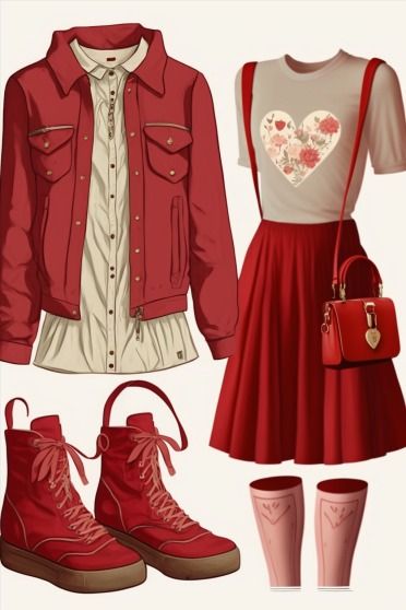 This outfit was drafted in collaboration with Artificial Inteligence and should be used as inspiration to any fashionable individual. It speciffically contains the colors red and white. Perfect look for Valentines Day! Linked: Casual Flared Plain Pleated Red Skirt - Amazon #valentinesdayoutfit #whiteandred #heartshirt #redskirt #floraloutfit #valentinesdayfashion Fashion Moodboard, Red Skirt, Floral Outfit, Valentine's Day Outfit, Mood Board Fashion, Heart Shirt, Red Button, Red Skirts, Flowy Skirt