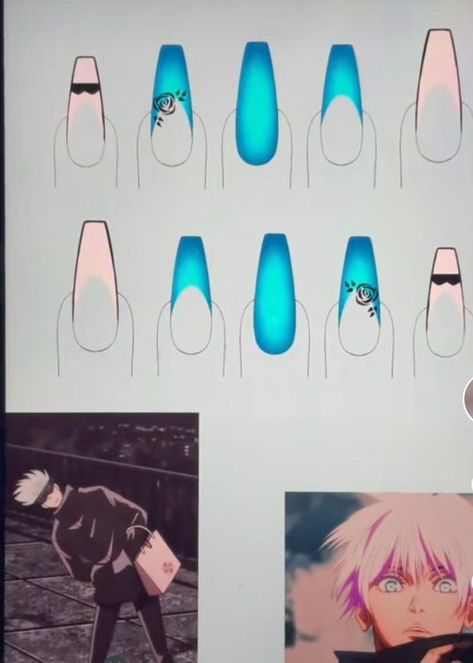 Demon Acrylic Nails, Easy Anime Nail Designs, Gojo Themed Nails, Gojo Satoru Nails Design, Simple Anime Nail Ideas, Jjk Nails Gojo, Jujutsu Kaisen Nails Design, Gojo Nails Inspired, Tokyo Ghoul Nails Designs