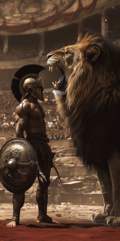 Gladiator Vs Lion, Gladiator Art, Cool Wallpapers For Men, Warrior Artwork, Sparta Warrior, Warrior Of God, Warrior Man, Men Wallpaper, Lion Art Tattoo