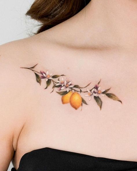 Lemon and flower clavicle tattoo Pomegranate Tattoo, Tree Branch Tattoo, Clavicle Tattoo, Italian Tattoos, Tattoos Meaning, Food Tattoos, Branch Tattoo, Flower Tattoo Sleeve, Calf Tattoo