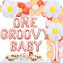 Groovy Baby Birthday, One Groovy Baby Birthday, White Balloons Party, First Birthday Decorations Girl, 60 Balloons, Groovy One, Flower Birthday Party, Baby Birthday Decorations, Girls Party Decorations