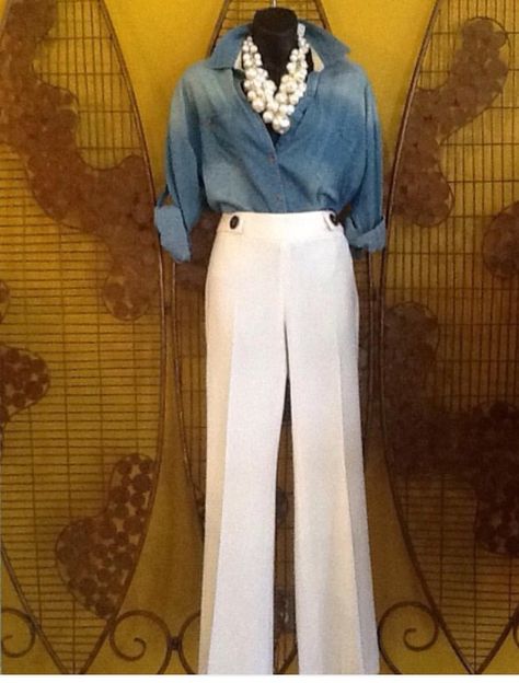 Statement Necklace, denim shirt, white wide leg slacks...my style! Off White Slacks Outfit, Wide Leg Slacks, Off White Slacks Outfit Women, Cream Slacks Outfit Women, White Slacks Outfit, Courtroom Attire, White Wide Leg Pants Outfit, Slacks Women, Slacks Outfit