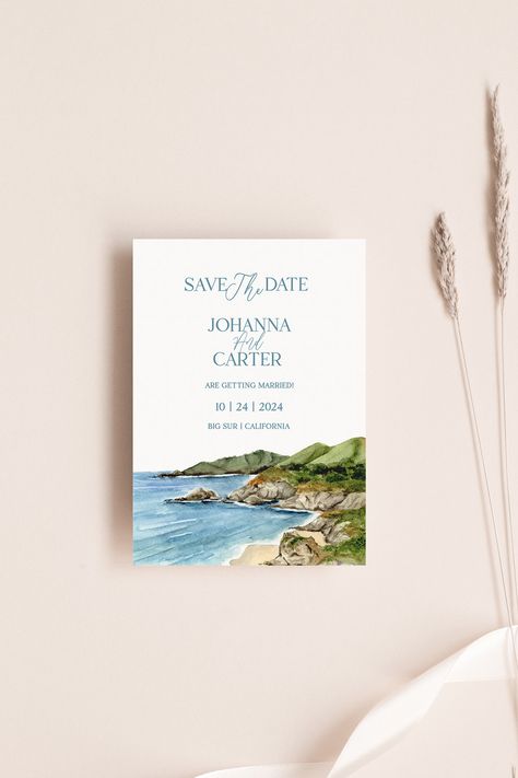 Self Editing Template with hand painted watercolor of California Coast - Big Sur, Carmel-by-the-sea, Save The Date Save The Date Painting, Beach Save The Date, Beach Themed Save The Dates, Wedding Watercolor Painting, Ocean Save The Date, Save The Date Beach Theme, Big Sur California, California Coastal, Wedding Invitations Boho