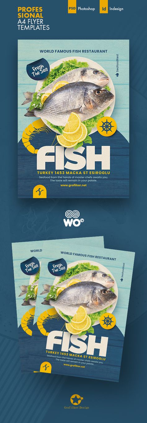 Fish Advertising Design, Sea Food Social Media Design, Fish Poster Design Ideas, Sea Food Packaging, Sea Food Menu Design, Fish Store Design, Seafood Poster Design, Seafood Advertising, Fish Poster Design